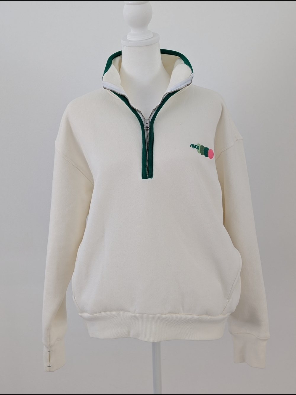 Ayda Chloe Sweater Women L Cream Half-Zip Pullover Green Trim Thumbhole Cuffs